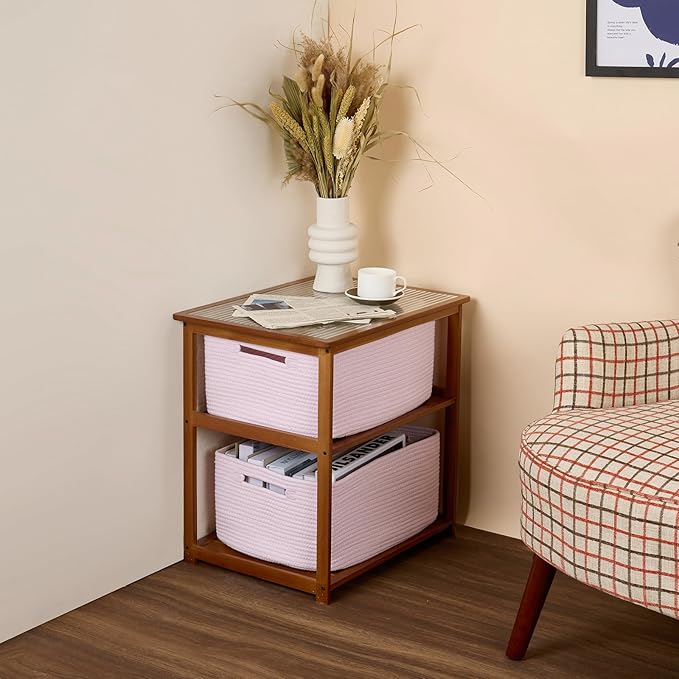 MiniArk Large Storage Baskets for Shelves, Closet Organizers Bins for Clothes Blanket Towels, Baby Nursery, Toy Baskets Box, Woven Rope Baskets, 17 x 13 x 7.5”, 2 Packs Light Pink