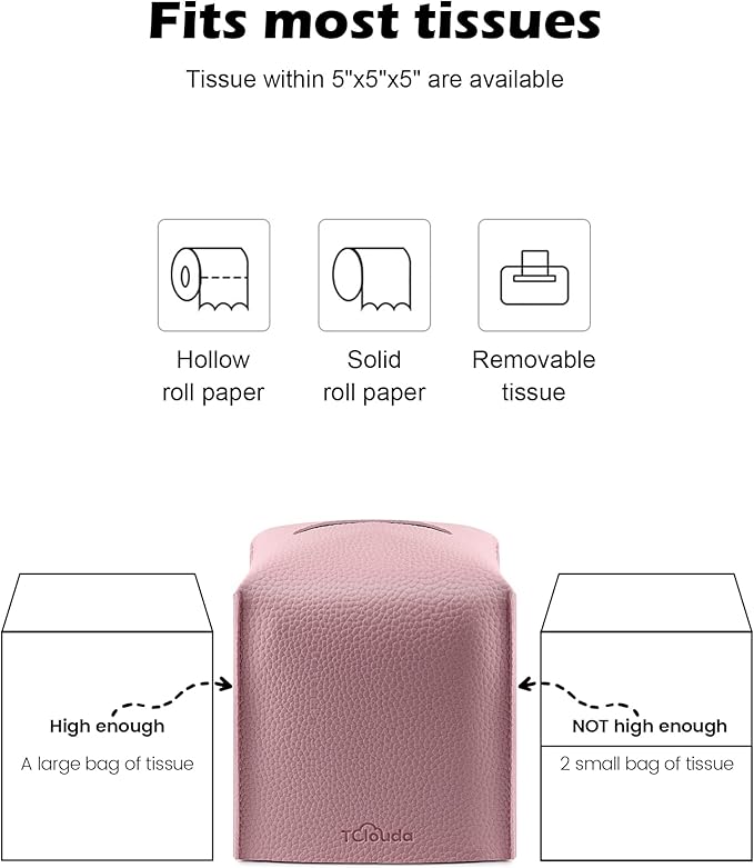 Tclouda Tissue Box Cover for PU Leather, Modern Simple Solid Color Holder Square Tissue Bag, Ideal for Bathrooms,Office,Car,Nightstand,Outdoor Tent,Dining Table,5"X5"X5", Single Pink