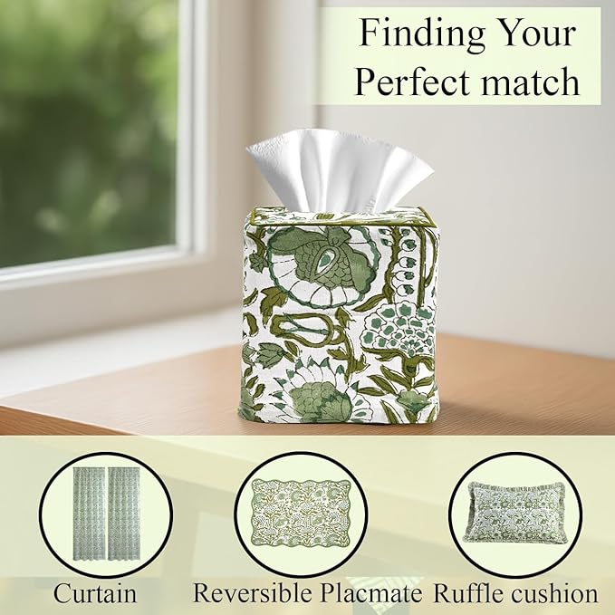 CPC Agate Green Hand Block Printed Cotton Tissue Box Cover 5" x 5" x 5.5" Square Soft Reusable Boho Napkin Holder for Home Kitchen Dining Bathroom Office Cafe Spa Summer Thanksgiving