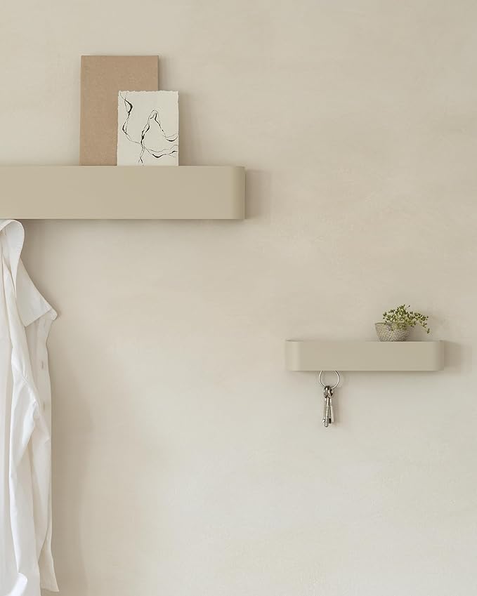 Kazai.ยฎ Coat Rack Wall Mount with Shelf 'Tone' | Modern Design Coat Hanger with Hidden Hooks and Storage | Hat Rack with Shelf in Metal | Wall-Mounted Purse Organizer | Taupe