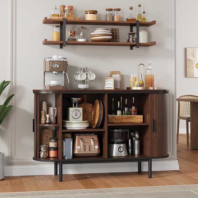 QUW Console Table with Sliding Tambour Doors, 47" TV Stand with Storage & Adjustable Open Shelves for TVs up to 55", Modern Entryway Table for Living Room, Foyer, Hallway, Dark Walnut