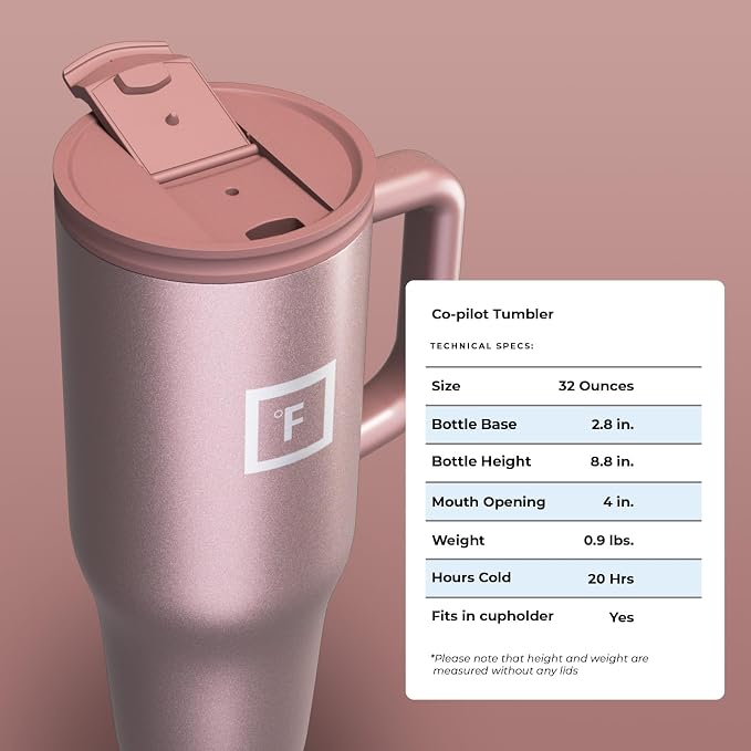 IRON °FLASK Co-Pilot Insulated Mug w/Straw & Flip Cap Lids - Cup Holder Bottle for Hot, Cold Drink - Leak-Proof - Water, Coffee Portable Travel Mug - Rose Gold, 32 Oz