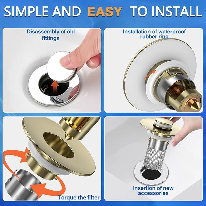 Sink Stopper Hair Catcher, Pop-up Sink Drain Strainer with Removable Stainless Steel Strainer Basket Hair Catcher, Bathroom Sink Strainer for Bathroom Sink Stopper Replacement (4, Brushed Gold)