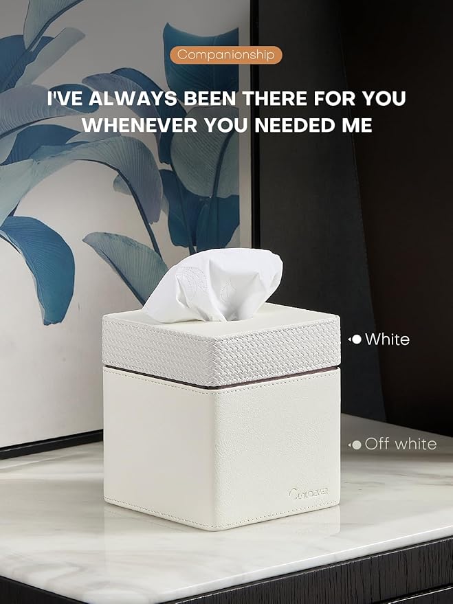 Cloudever Tissue Box Holder Cover, Modern PU Leather Square Decorative Tissue Holder Organizer-Woven New Off White