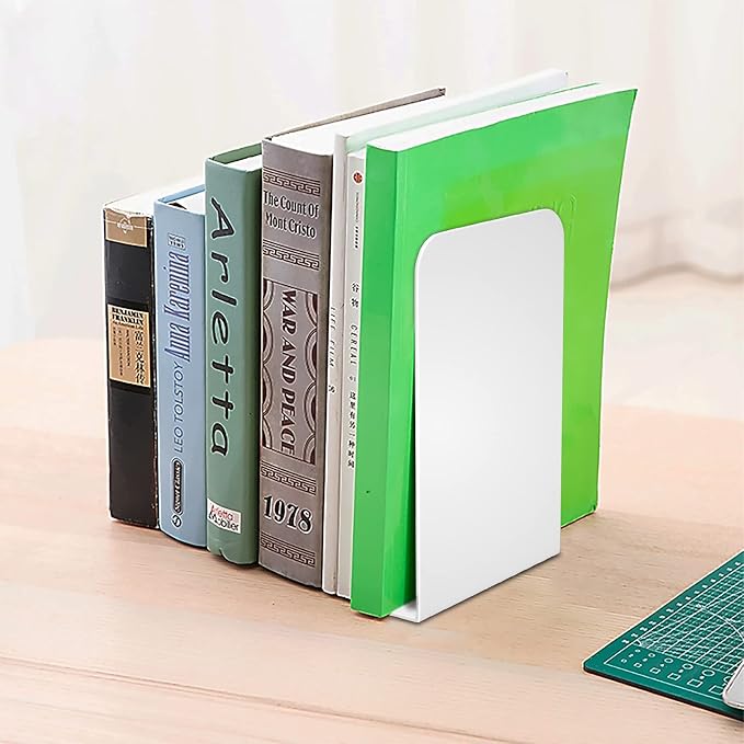 VFINE White Bookends 2 Pair, Metal Shelf Book Ends, Bookends for Shelves, Book Stopper for Heavy Books, Book Dividers for Home Office