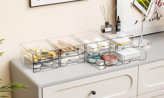 Yieach 12 Pack Clear Stackable Storage Drawers,2.2'' Acrylic Drawer Organizers for Countertop,Office Supply Organizer and Makeup Organizer,Small Plastic Drawers For Pen,Art Crafts Storage,Stationary