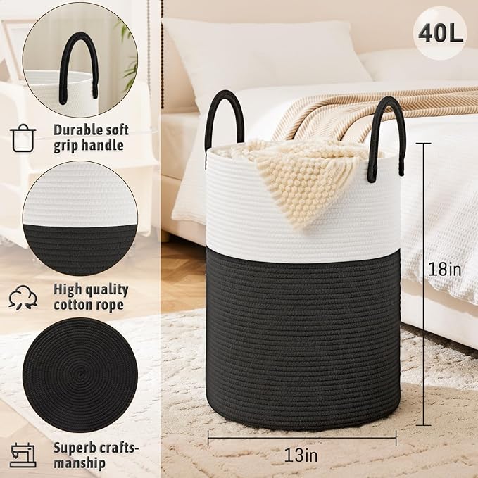 Artfeel Laundry Basket,Woven Cotton Rope Laundry Hamper,40L for Decorative Storage of Dirty Clothes,Toys and Blankets in Bathroom,Baby Room and Living Room