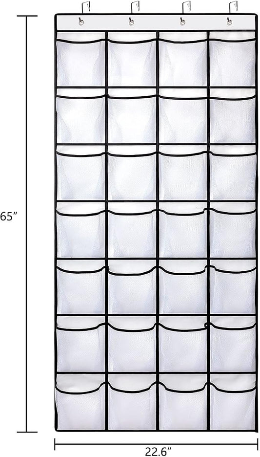 REGELETO 2 Pack 28 Pocket Over the Door Shoe Organizer, Hanging Shoe Rack for Door Large Capacity Shoe Organizer Holder with 4 Metal Hooks (White-2Pack)