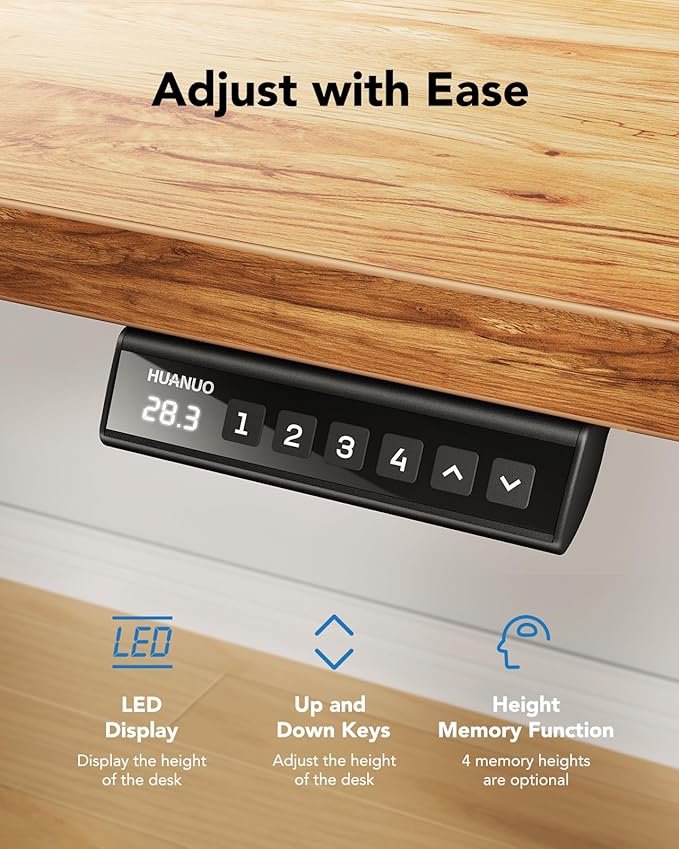 HUANUO Electric Standing Desk, Whole Piece Desktop, Adjustable Height Computer Desk, 4 Height Memory Settings, Sit Stand Up Desk for Home Office, 40" x 24", Light Vintage
