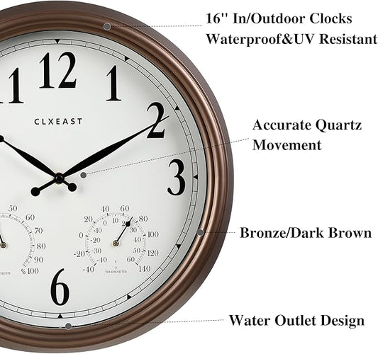 CLXEAST Indoor Outdoor Clocks Waterproof 16 Inch, Large Outdoor Clock Thermometer Combo& Hygrometer,Bronze/Dark Brown Finish,House Warming Gifts New Home