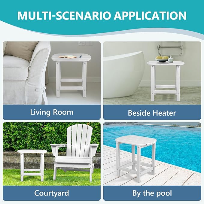 Plawdlik Hdpe Outdoor Adirondack Side Table, Wooden Textured, Set for Patio, Garden, Porch, Pool Composite Patio, Backyard, Bathroom and Indoor, Maintenance & Weather Resistant (White)