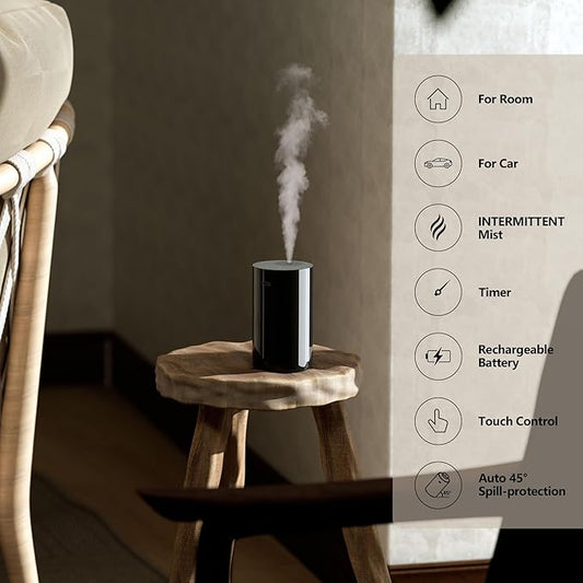 Waterless Diffuser for Essential Oil, Battery Operated Nebulizer, 0.7 Fl.Oz./ 20mL Capacity, Mini Scent Air Machine, 3 Countdown Timers & 3 Mist Levels for Home Room Car Office - AN8 Black 2Packs