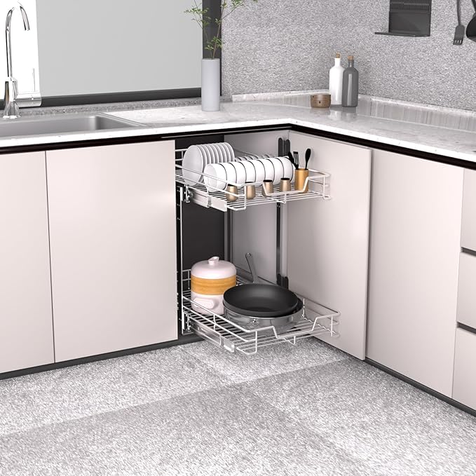EZKAZA Pull Out Cabinet Organizer 17.5" W x 21" D, 2-Tier Kitchen Cabinet Pullout Shelf and Drawer Organizer Slide Out Pantry Storage Basket, 16.2" W x 21" D x 2.4" H for Bottom Basket Size