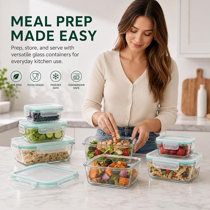 Peaktet 8 Pack Glass Food Storage Containers with Lids, Airtight Meal Prep Containers Set, Leakproof Glass Lunch Containers, BPA-Free Locking Lids, Oven Microwave Freezer Dishwasher Safe