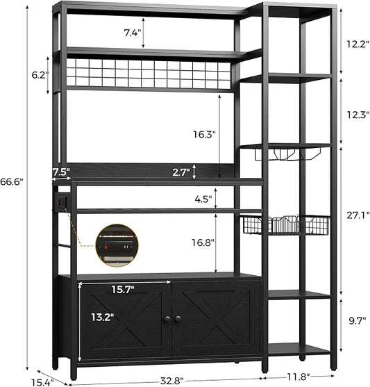 IRONCK Bakers Rack with Power Outlet, 47.24 Inch Coffee Bar Cabinet, Kitchen Microwave Stand with Storage, Kitchen Shelf with Shelves, LED Light, Globlet Holder and Wine Basket, Black