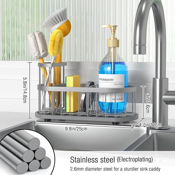 HOKEMOM Silver Sponge Holder for Kitchen Sink,Sink caddy organizer - 2.6mm Thick 304 Stainless Steel Caddy with Rust-Proof Coating, Non-Slip No-Drain Base. Dimensions: 9.84" x 4.72" x 5.83"