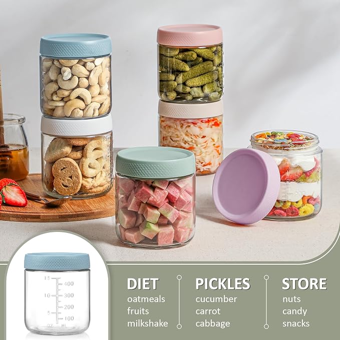 POIKSHARK 6-Pack Overnight Oats Containers with Lids, 16 OZ Wide Mouth Glass Jars with Airtight Lids, Mason Jars Glass Food Containers for Snack Spice Sugar Food Prep Yogurt