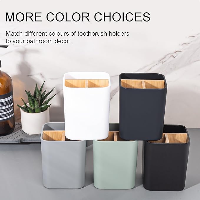 Bamboo Toothbrush Holder for Bathrooms, 3 Slots Toothbrush and Toothpaste Holder Bathroom Counter Organizer for Electric Toothbrushes, Floss, Razors - Cool Grey