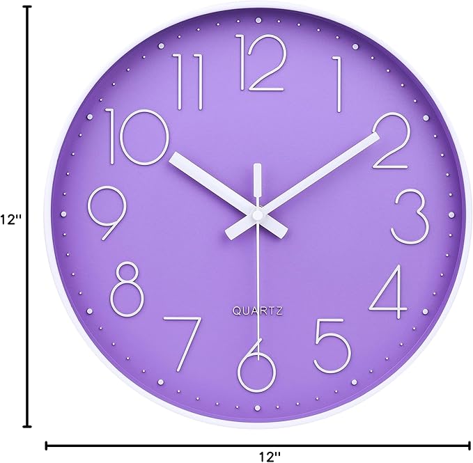 jomparis Purple Wall Clock 12 Inches Silent Quartz Wall Clock Lavender Decor for Girls Bedroom, Nursery