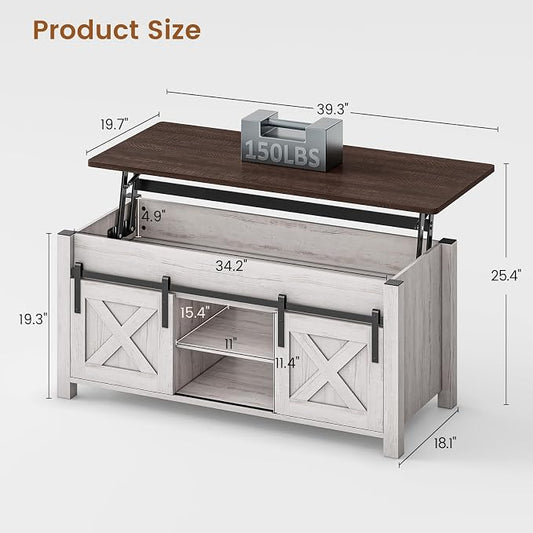 SEDETA Lift Top Coffee Table, Farmhouse Lift Tabletop Dining Table, Gas Spring, Hidden Compartment, Open Storage Shelf, for Living Room, Vintage White