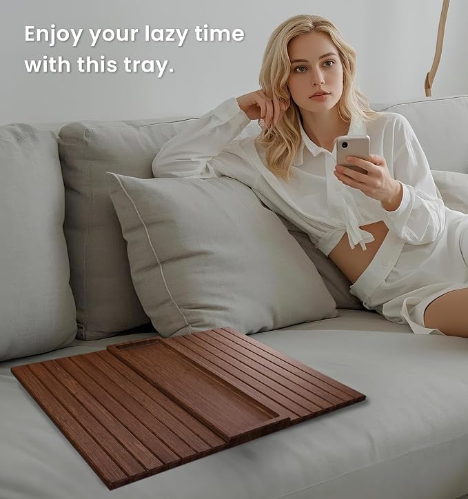 Sofa Arm Tray,Bamboo Folding Couch Arm Tray,Sofa Armrest Tray with Anti-Slip Pad for Drinks,Snacks,Phone,Remote Control(Brown)