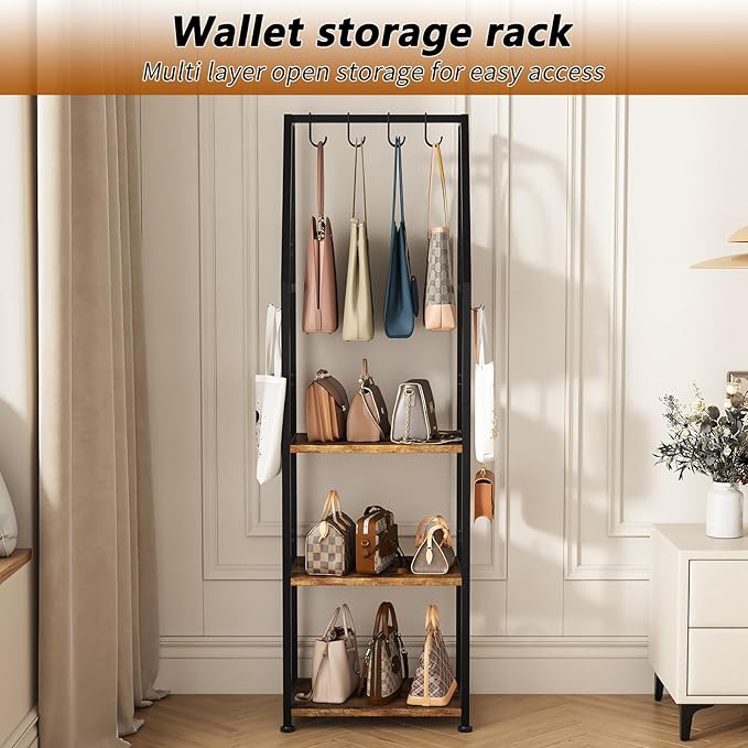 3-Tier Purse Rack Stand with 8 Hooks - Tall Narrow Purse Organizer for Entryway/Closet Organization, Bag Organizer for Various Bags (Rustic Brown)