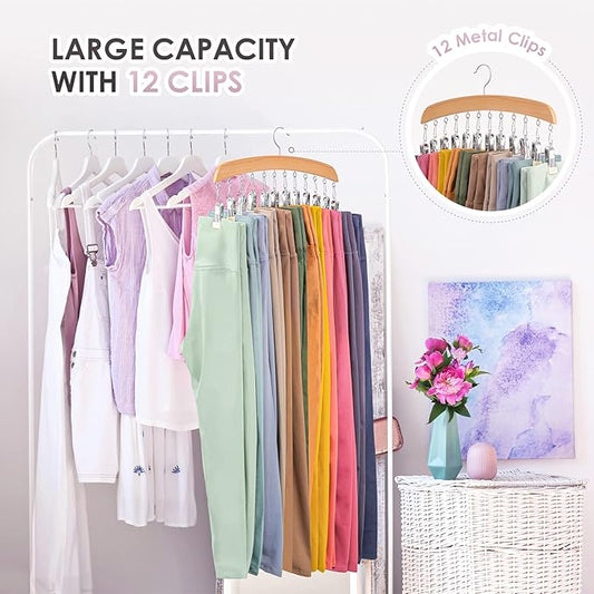 MEILIDY Leggings Hangers, Wooden Closet Hanging Leggings Storage Organizer Scarf Hangers with 24 Clips, 360° Swivel Hook, Burlywood, 2 Pcs