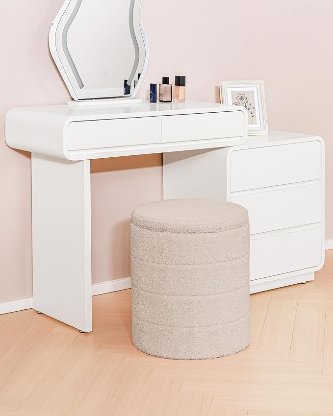 B FSOBEIIALEO Ottoman with Stroage, Round Sherpa Storage Ottoman Stool, Boucle Foot Rest 14.6"x14.6"x17.7"(Beige
