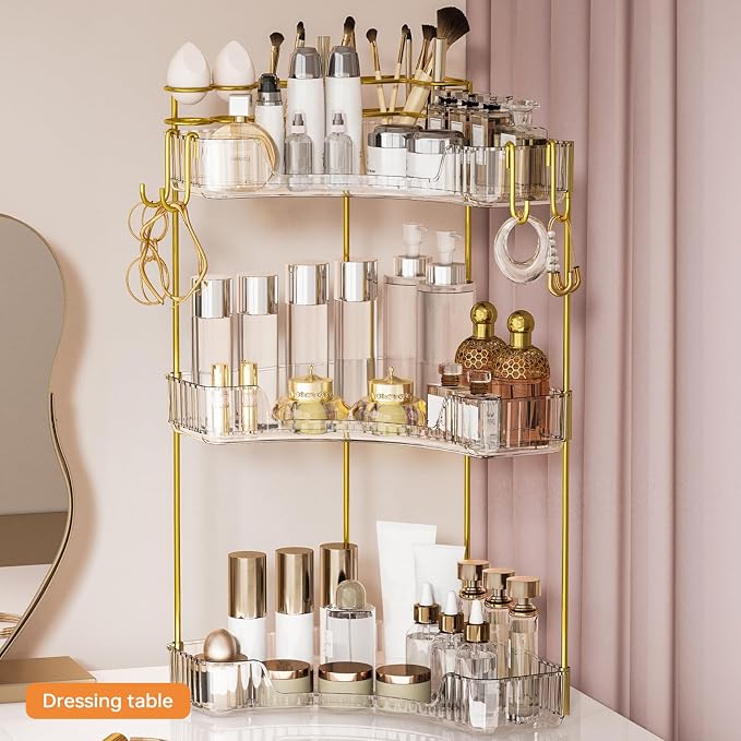 3-Tier Corner Bathroom Counter Organizer,Makeup & Skincare Shelf with Built-in Brush Holder,Space-Saving Bathroom Countertop Organizer for Skincare, Perfume, Cosmetics(Clear)