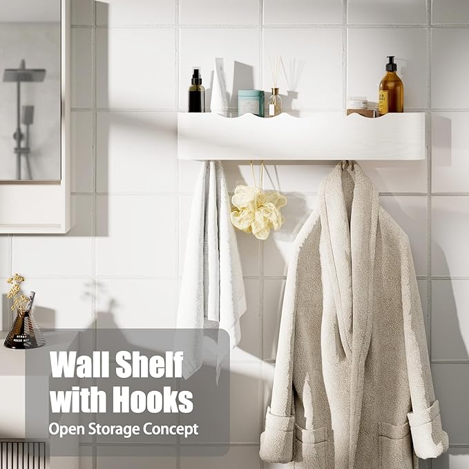Coat Rack Wall Mount with Shelf 8 Hidden Hooks Modern Wooden Key Holder Entryway Organizer for Hallway Bedroom Bathroom Home Decor Storage for Hanging Coats Hats Bags Towels, Wave-Shape White