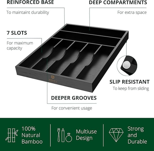 Luxury Bamboo Kitchen Drawer Organizer - Silverware Organizer - Utensil Holder and Cutlery Tray with Grooved Drawer Dividers for Flatware and Kitchen Utensils (7 Slot, Black)