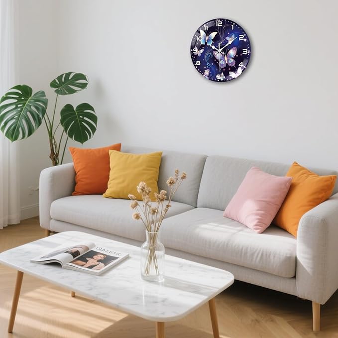 peacoblue Wall Clocks Battery Operated 12 Inch Butterfly Glass Round Wall Clock Non Ticking for Kitchen Living Room Dining Room Bedroom and Bathroom Decor Accessories (Battery not Included)