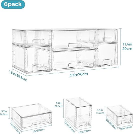 Vtopmart 6 Pack Clear Stackable Storage Drawers,Easy to Assemble Pantry Organizers and Storage with handles,Plastic Drawers for Kitchen Pantry,Cabinet,Under Sink Organization