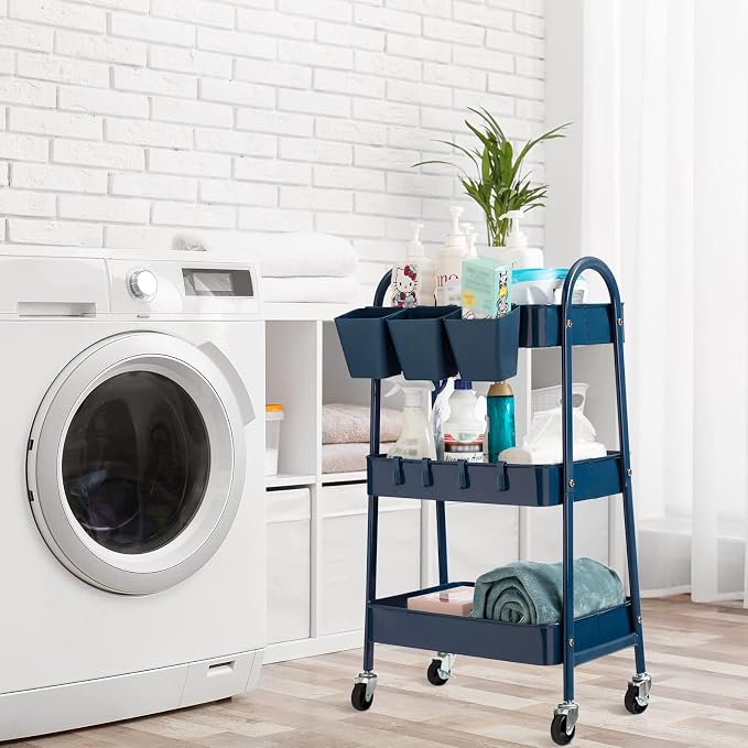 danpinera 3-Tier Rolling Cart, Utility Cart Mobile Metal Rolling Storage Cart with Lockable Wheels & Hanging Cups & Hooks for Kitchen, Bathroom, Office, Workshop, Dark Blue