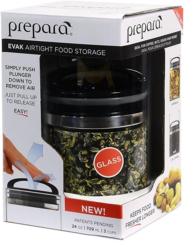 Prepara Evak Compact Airtight Glass Storage Canister, Medium (6” x 3.75", 24oz) – Borosilicate Glass Container Vacuum Seal Lid & Black Handle, Odor & BPA-Free, Ideal for Coffee, Tea, Pantry Dry Goods