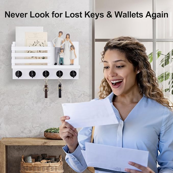 Lwenki Key Holder for Wall – Decorative Wooden Mail Holder and Key Shelf with Mounting Hardware, Installation Guide – Paulownia Wood with Metal Key Hooks (White, Large - 11.8inch)