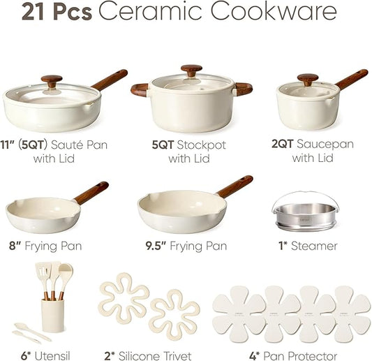 CAROTE 21pcs Cookware Set Nonstick Pots and Pans Set, Ceramic Cookware Set Induction Cookware, Non toxic Healthy Non Stick Kitchen Cooking Set, PFAS PTFE Free, White