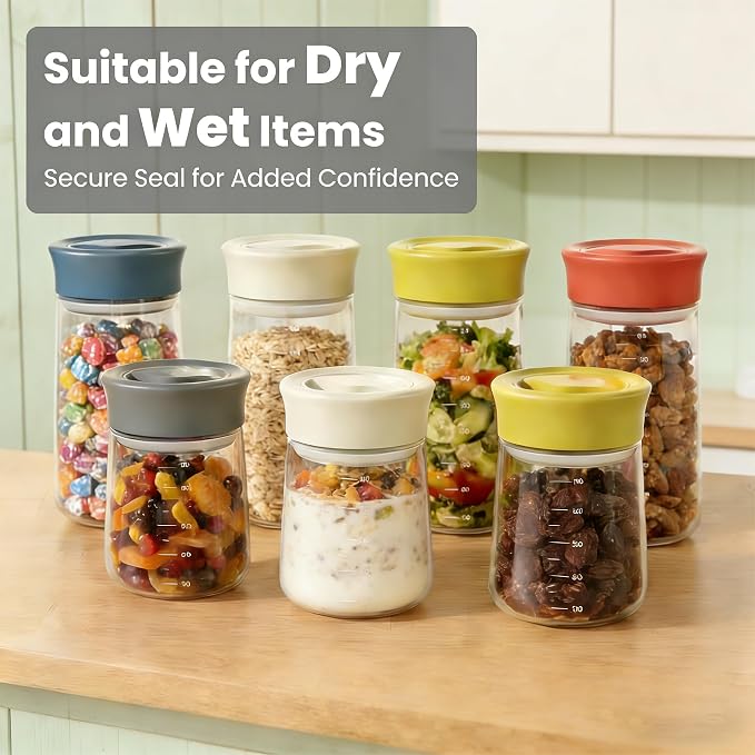 LAKUMIQI Overnight Oats Containers with Lids, 17oz Glass Jars with Airtight Lids, One-Hand 90° Twist-Off Wide Mouth Food Storage for Coffee Bean, Chia Pudding, Meal Prep, Pantry, Grey