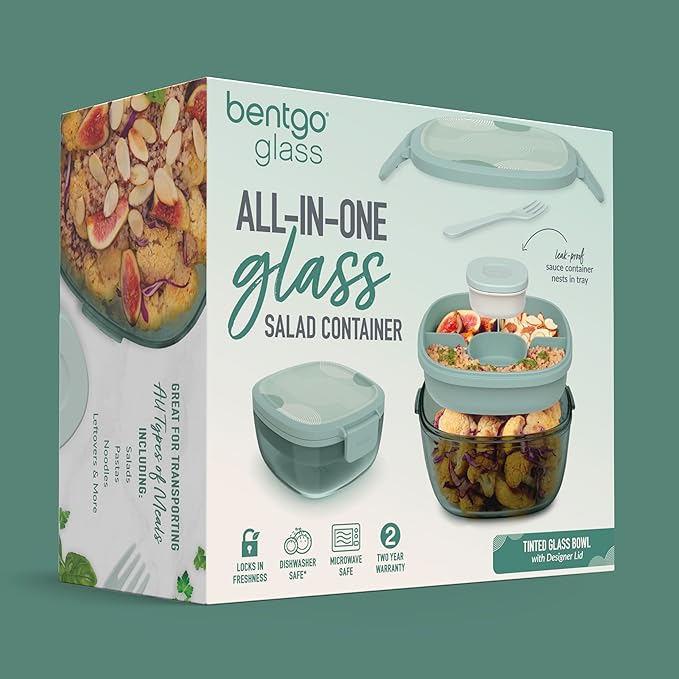 Bentgo Glass Prints Salad Container - 7.6-Cup Tinted Glass Salad Bowl with Airtight Lid, Leak-Proof Sauce Container, 4-Compartment Bento Meal Prep Tray & Reusable Fork (Mod Curve - Serene Green)
