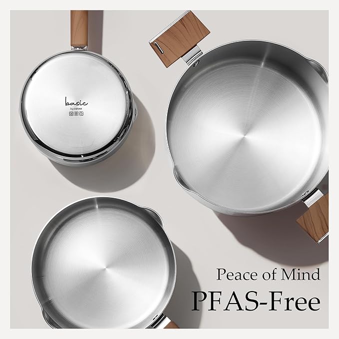 CAROTE 6QT Stainless Steel Stock Pot with Glass Lid, Large Soup Pot with Wood-Grain Handles, Deep Pot for Soup, Pasta & Stew