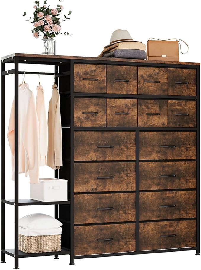 GarveeHome Dresser with 16 Drawers & Hanging Rod & Shelves, Fabric Storage Organizer for Bedroom, Closet, or Entryway