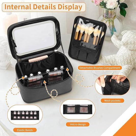 Makeup Bag With LED Mirror, Lightweight Travel Makeup Bag With 3 Color Setting Light Up Mirror Cosmetic Makeup Organizer Vanity Case for Women Beauty Tools Accessories Rechargeable Train Case-Black