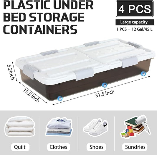 Beeveer 4 Pcs Plastic Under Bed Storage Container with Double Opening Lid Wheel Handle, Transparent Large Capacity Stackable Latching Festival Storage Bin for Closet Bedroom, 31.5x15.8x5.2 In(Brown)