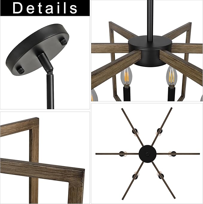 6-Light Kitchen Island Pendant Lights,Modern Farmhouse Kitchen Ideas Light Fixture,Industrial Hanging Chandelier for Dining Room,Wood Grain Finish and Black Chandelier for Foyer