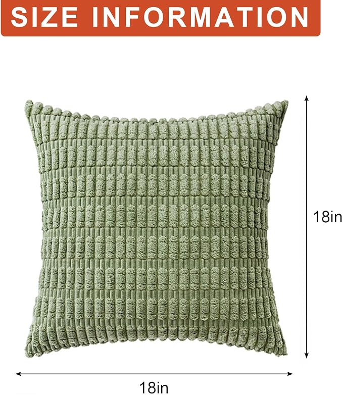 Aegero Pack of 2 Corduroy Decorative Throw Pillow Covers 18x18 InchSoft Boho Striped Pillow Covers Modern Farmhouse Home Decor for Sofa Living Room Couch Bed(Sage Green)