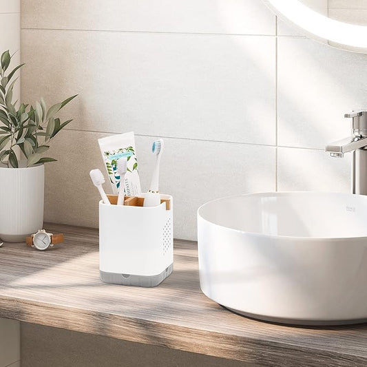 Boperzi Toothbrush and Toothpaste Holder with Bamboo Divider for Bathroom Countertop Organizer, Plastic Detachable Anti-Slip Large Electric Toothbrush Holders Storage Caddy Drainage for Family, Kids