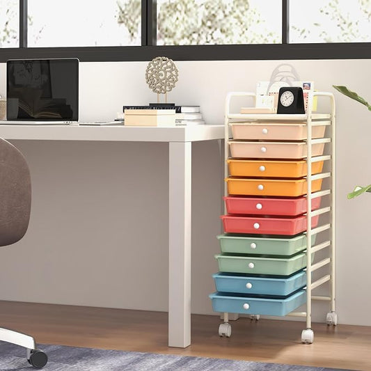 MEDIMALL 10 Drawers Rolling Storage Cart, Multipurpose Craft Storage Cart with Wheels, Mobile Tools Scrapbook Paper Organizer Cart for Office School Home Use