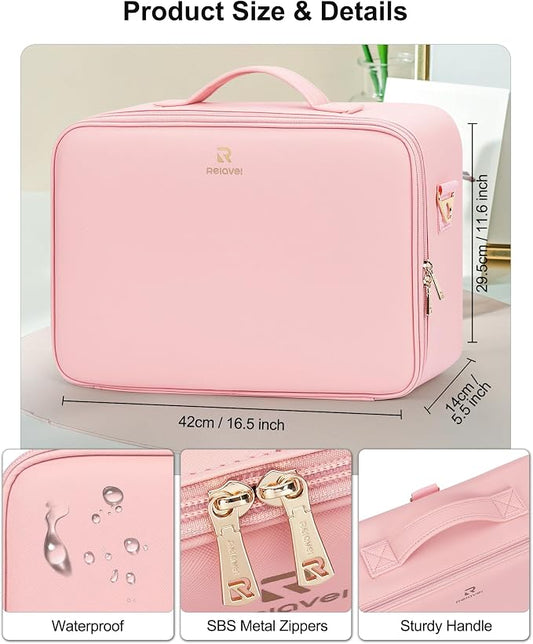 Relavel Large Makeup Case with LED Mirror, Train Cosmetic Case with Separate Brush Board, Professional Makeup Organizer Storage with Detachable Dividers for Makeup Artists, Hairstylist - Pink