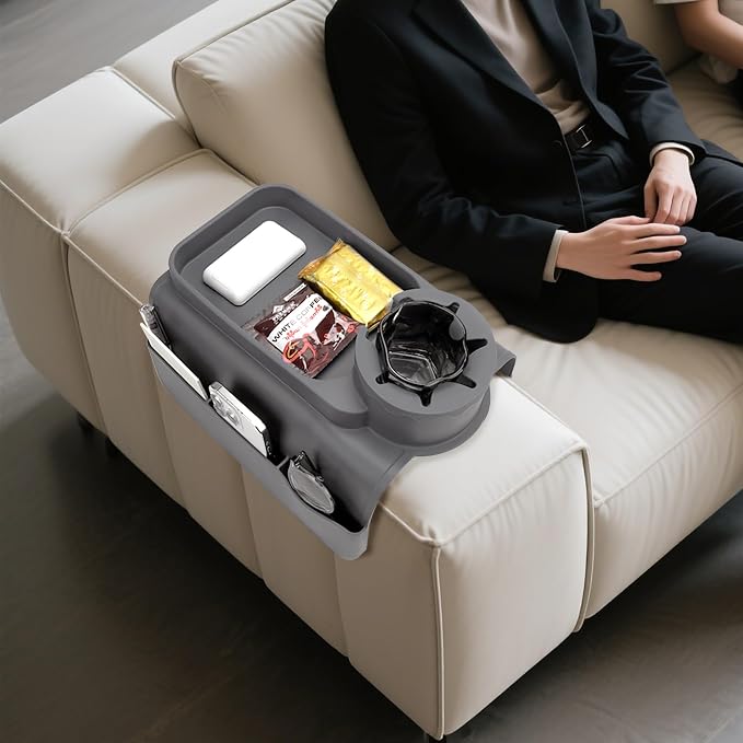 Silicone Couch Caddy for Wide Arms (6-12") with Cup Holder & Deep Sofa Remote Pockets - Anti-Slip Couch Arm Tray Table for Drinks, Phone, Snacks - Living Room Organizer (Gray)