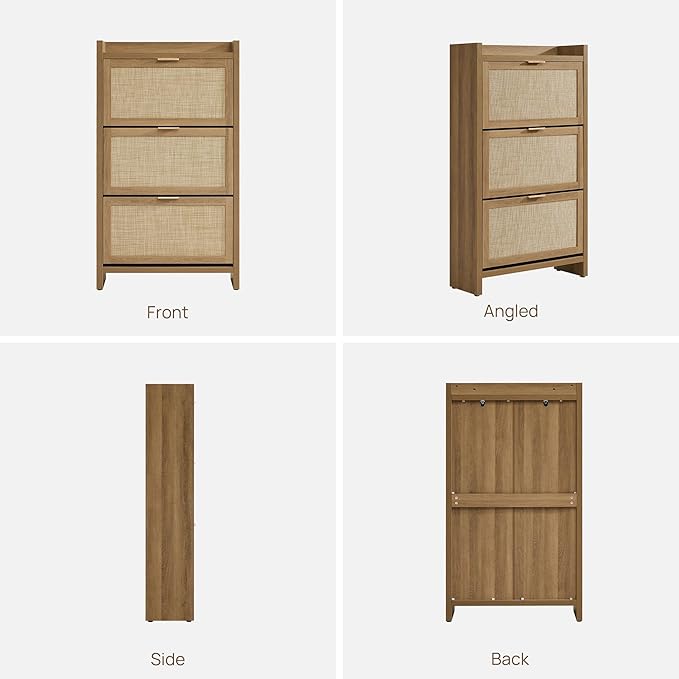 SICOTAS Rattan Shoe Storage Cabinet with 3 Flip Drawers, 30 Pairs Freestanding Shoe Cabinet Storage for Entryway, 57.4" Tall Farmhouse Narrow Shoe Organizer Rack Cabinet for Foyer, Hallway, Oak